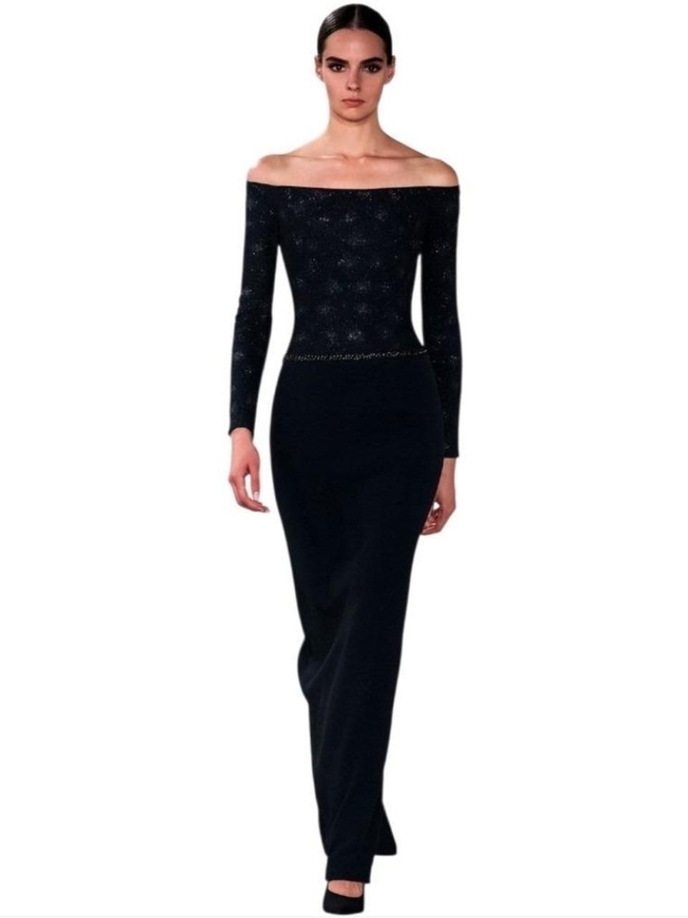 Scott McClintock Off-Shoulder Long Sleeve Black Evening Gown